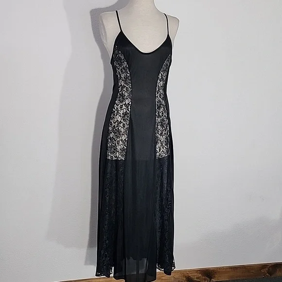Circle III New York Slip Gown Lace Paneled Front Vibtage Black Size S - Picture 12 of 14